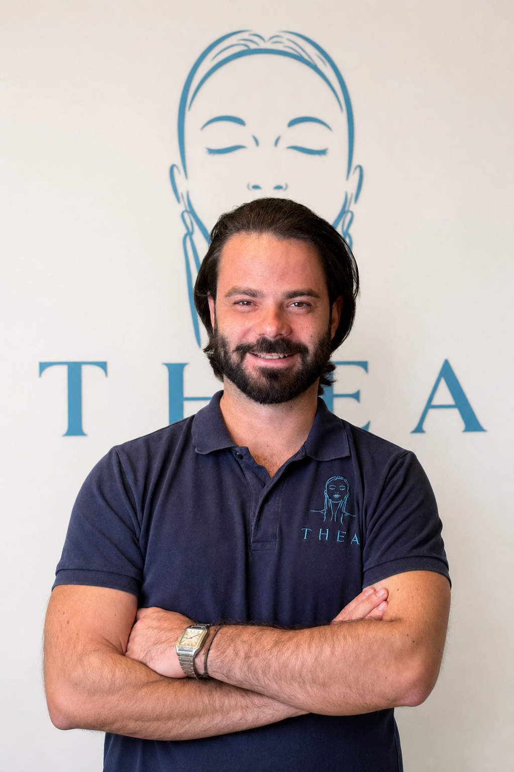 Georgios Chionos vor einer weissen Wand mit THEA Logo.